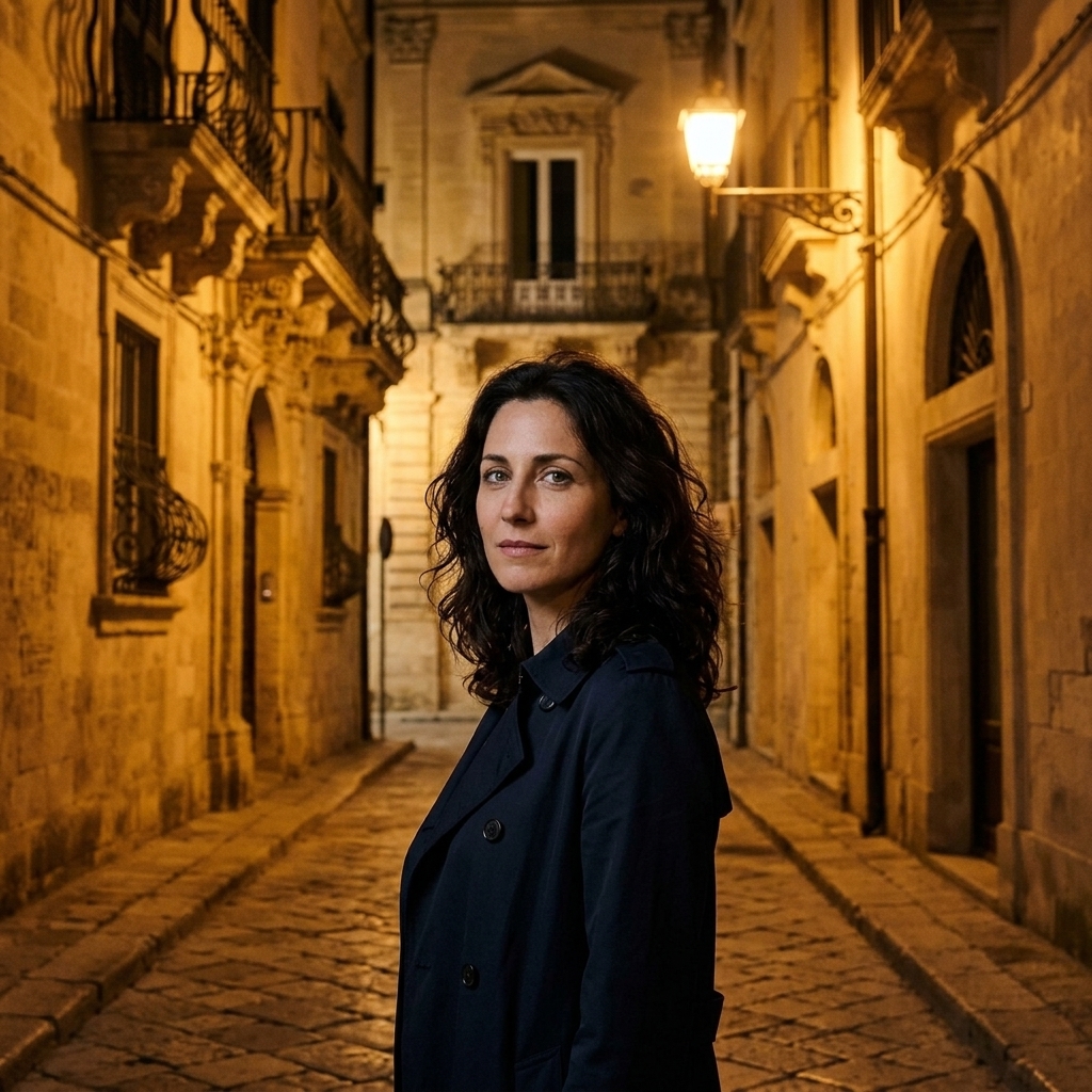 Maya nel vicolo barocco di Lecce di notte